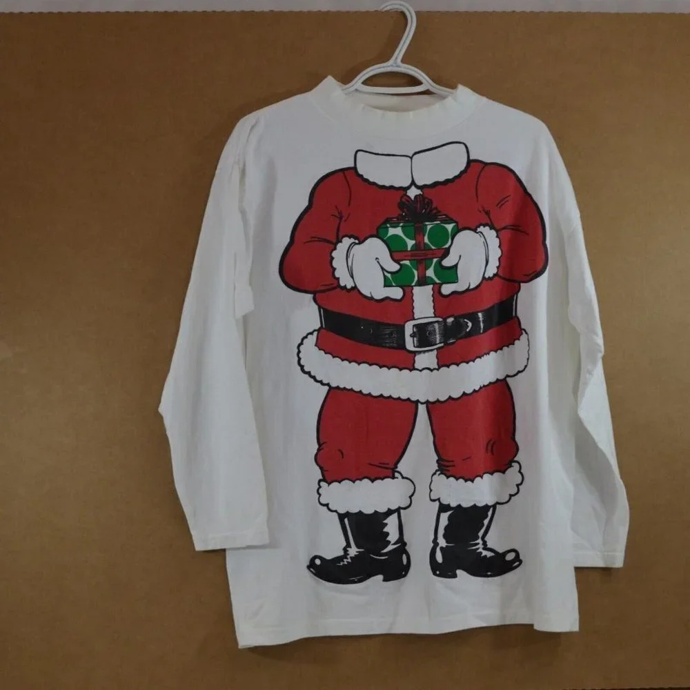 Joe Boxer Santa Body T-Shirt Adult One Size  Cotton White Long Sleeve Christmas